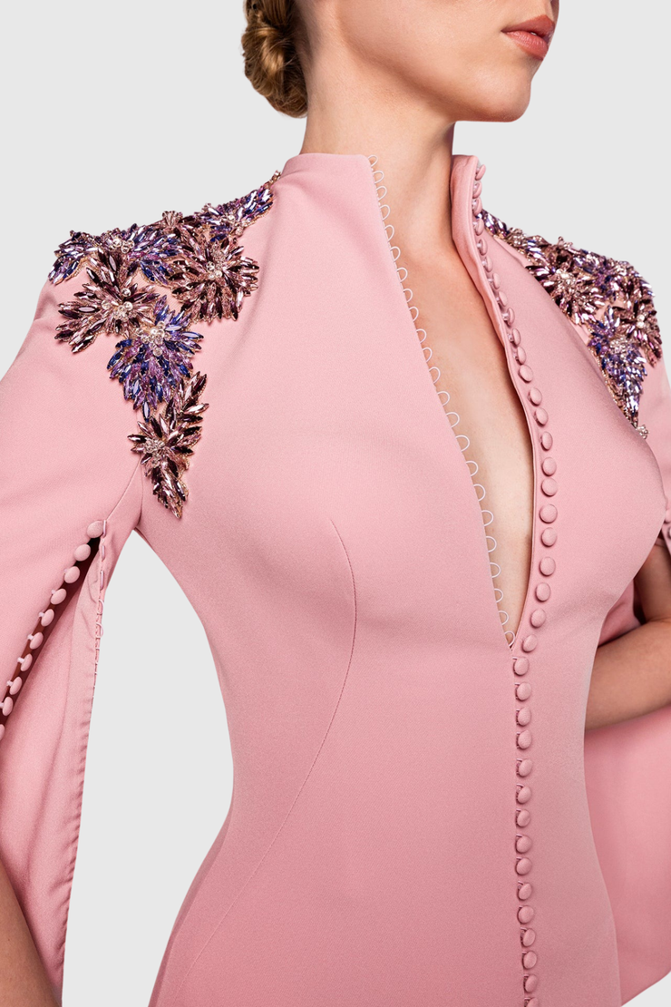 Quara Crystal Shoulder Buttoned Split Maxi Dress