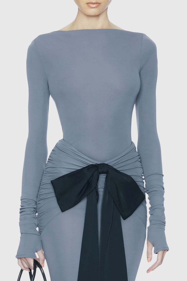 Raelyna Bow Embellished Ruched Maxi Dress