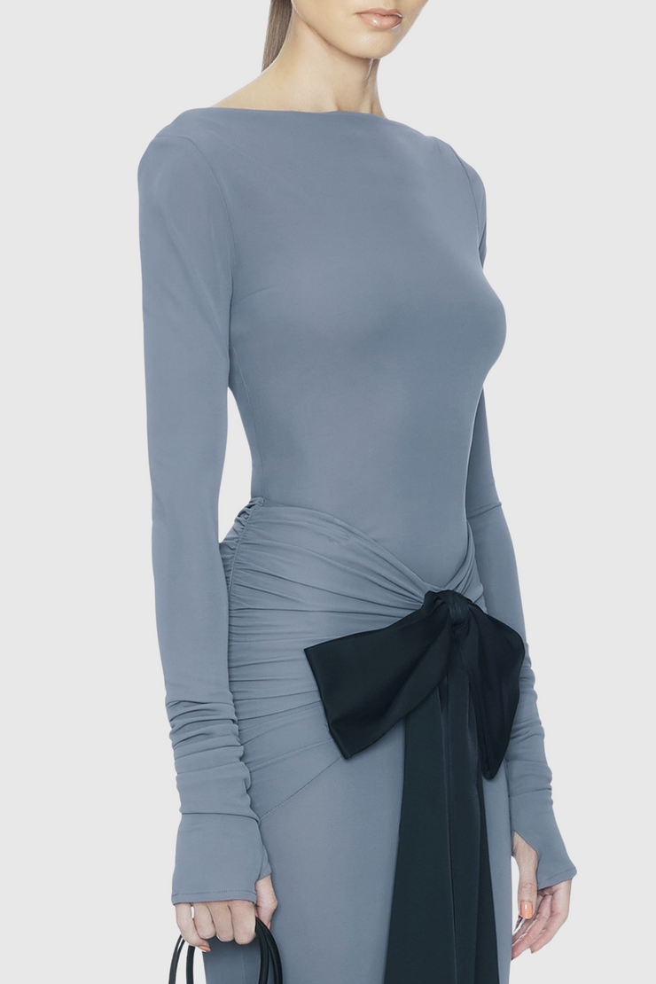 Raelyna Bow Embellished Ruched Maxi Dress