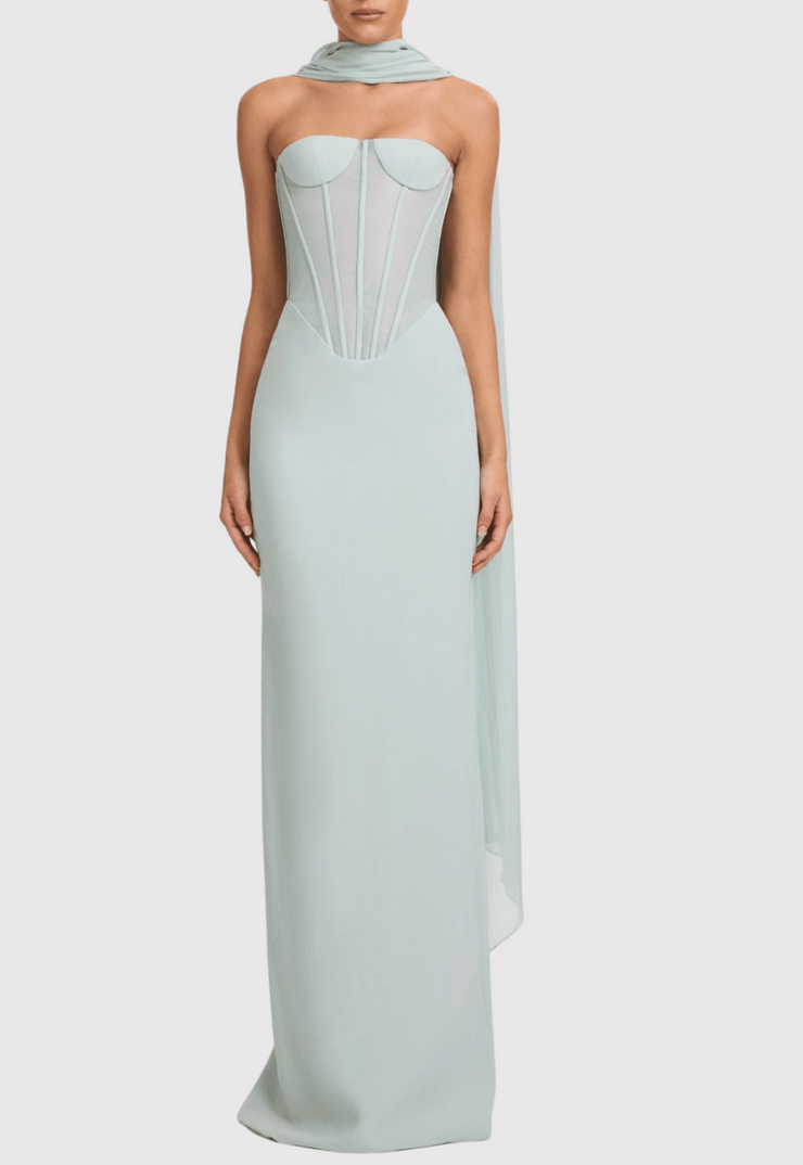 Ramire Strapless  Mesh Scarf Corset Maxi Dress
