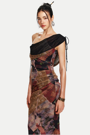 Rosala Print Mesh Off Shoulder Maxi Dress