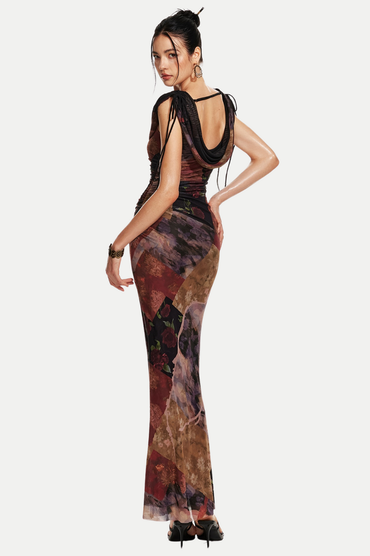 Rosala Print Mesh Off Shoulder Maxi Dress
