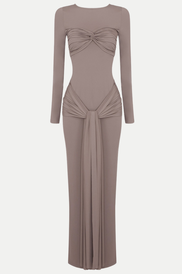 Rosalba Ruched Long Sleeve Maxi Dress - Khaki