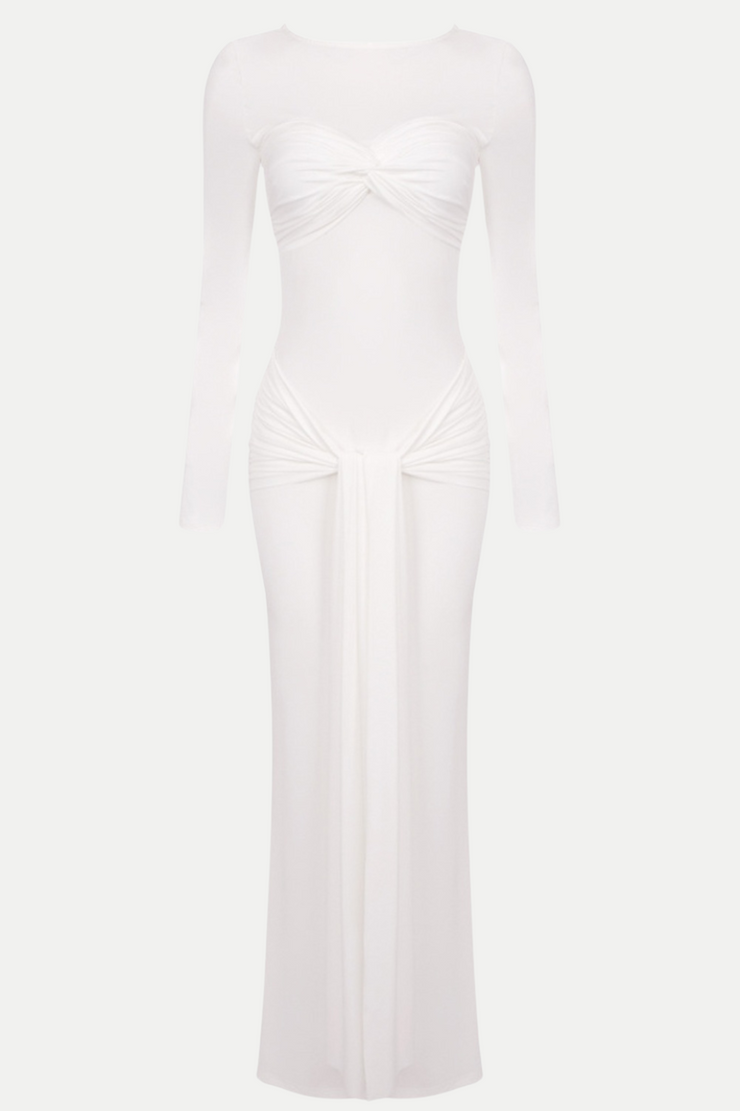 Rosalba Ruched Long Sleeve Maxi Dress - White