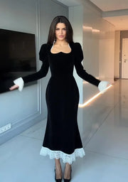 Sexy Open Collar Slim Lace Trim French Dress