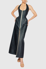 Krishna Halter Denim Corset Contrast-stitching Maxi Dress