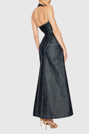 Krishna Halter Denim Corset Contrast-stitching Maxi Dress
