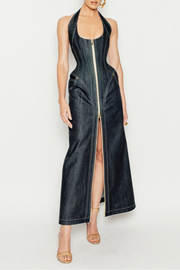 Krishna Halter Denim Corset Contrast-stitching Maxi Dress