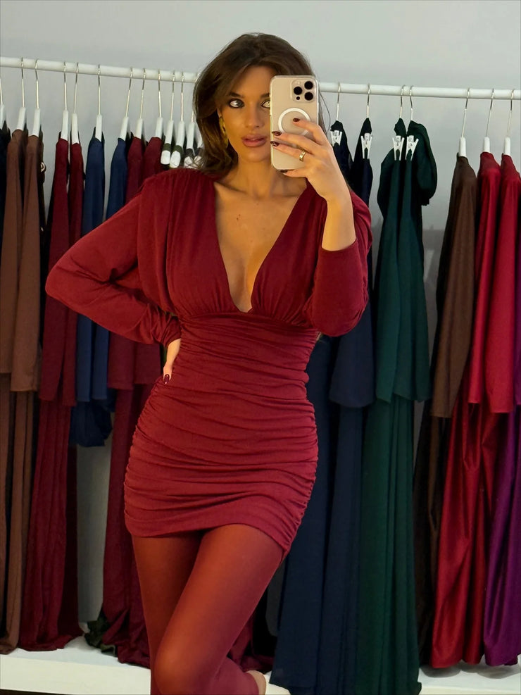 Sexy Long Sleeve Deep V Pleated Solid Color Mini Skirt