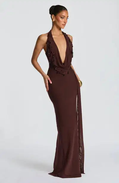 Sexy, Deep V-neck and Backless Pendant Drill Luxury Dress