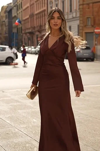 Temperament Long Sleeve V-neck Solid Color Dress