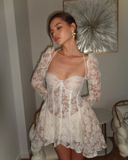 Sexy Long Sleeve Low-Cut Lace Mini Skirt