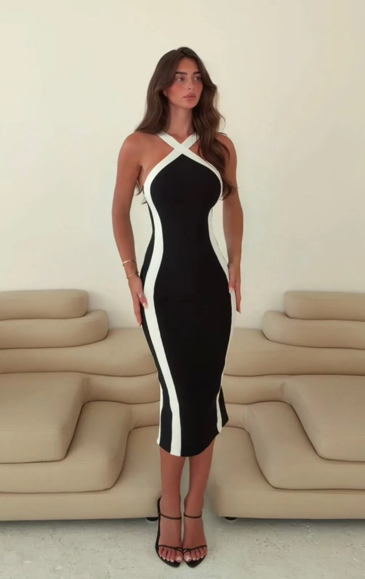 Sexy Sleeveless Cross Color Midi Dress