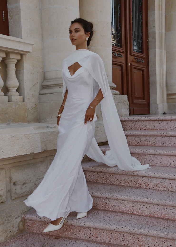 White Draped Cape Backless Maxi Gown – JDONGSOE