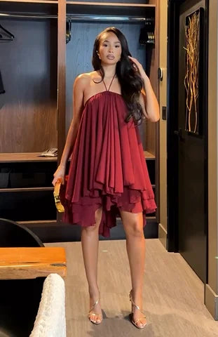 Sexy Halter Chest Wrap Loose-Fitting Pleated Mini Skirt