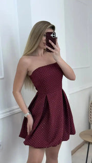 Sexy Tube Top Cinched Waist Shiny Mini Skirt