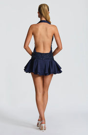 Sexy Sleeveless Halter Super Deep V Rhinestone Mini Skirt