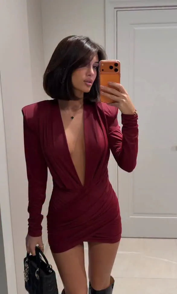 Sexy Long Sleeve Super Deep V Uniform Jumpsuit Skirt