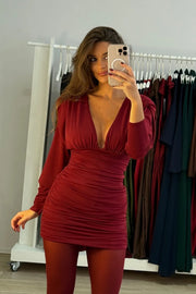 Sexy Long Sleeve Deep V Pleated Solid Color Mini Skirt