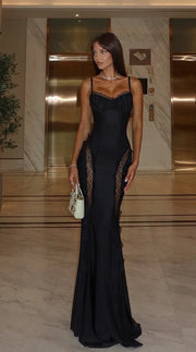 Sexy Sling Lace Hollow-out Stitching Elegant Evening Dress