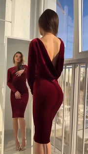 Sexy Long Sleeve Bare Back Solid Color Sheath Midi Dress