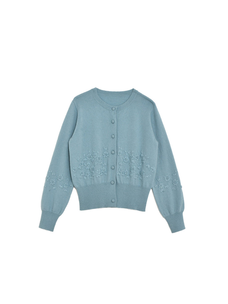 Lola Round Neck Embroidery Wool Cardigan