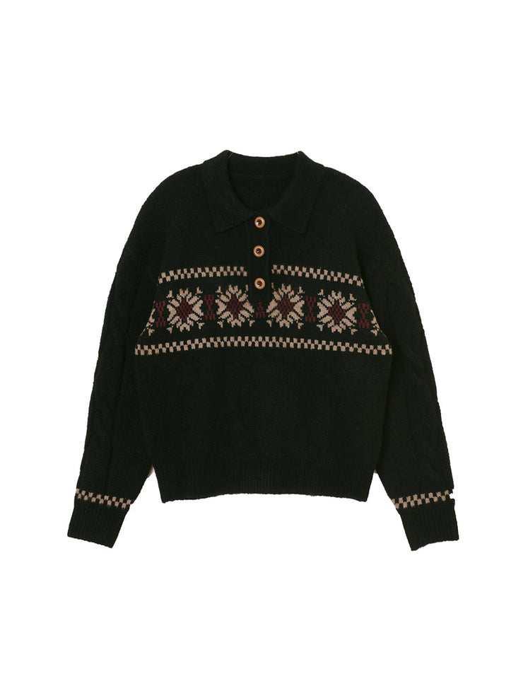 Norah Snowflake Jacquard Polo Fair Isle Knit Sweater