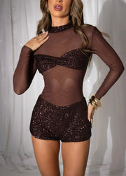 Sexy Long Sleeve round Neck Stitching Shiny Jumpsuit