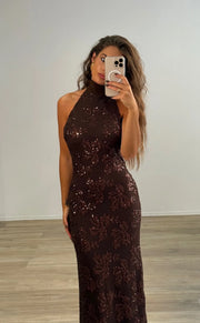 Sexy Sleeveless Halter Sequin Flower Dress