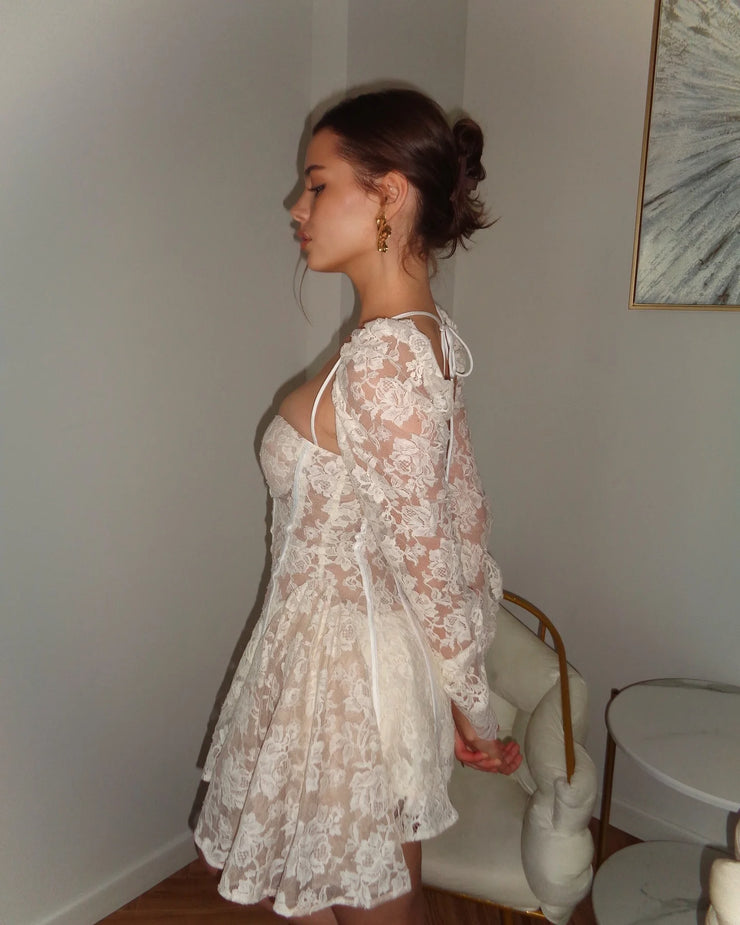 Sexy Long Sleeve Low-Cut Lace Mini Skirt