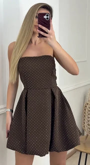 Sexy Tube Top Cinched Waist Shiny Mini Skirt