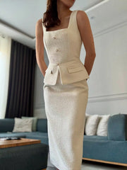 Sexy U Collar Button Stitching Fake Two-Piece Dress