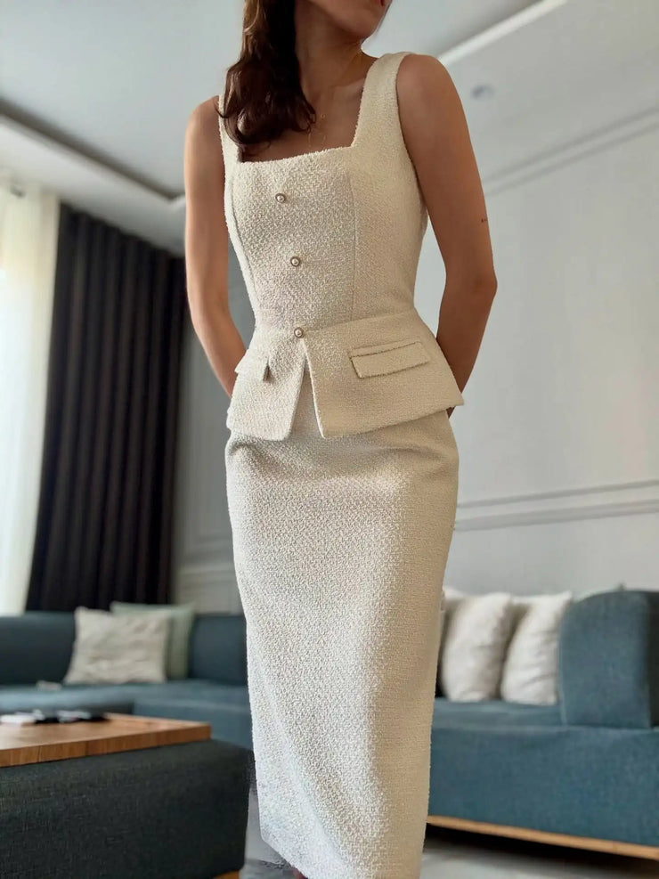 Sexy U Collar Button Stitching Fake Two-Piece Dress