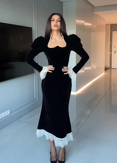 Sexy Open Collar Slim Lace Trim French Dress