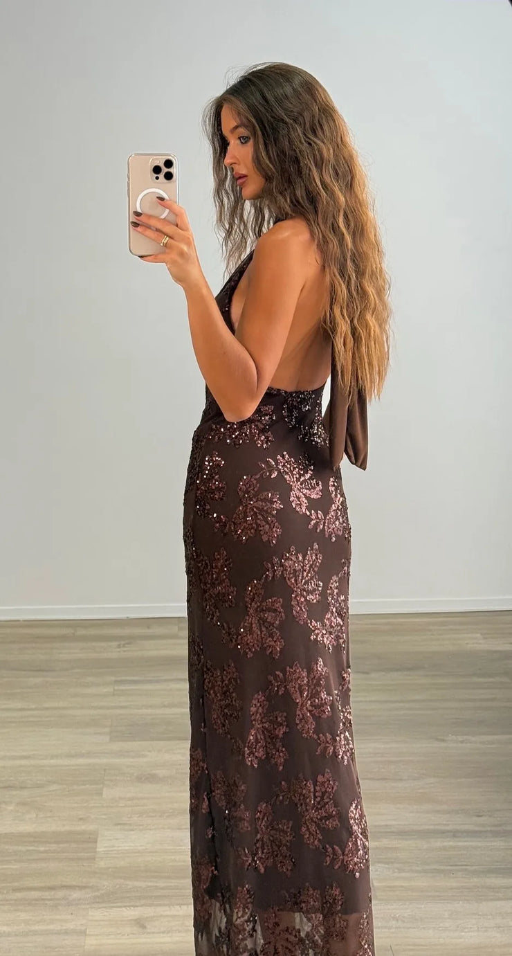 Sexy Sleeveless Halter Sequin Flower Dress
