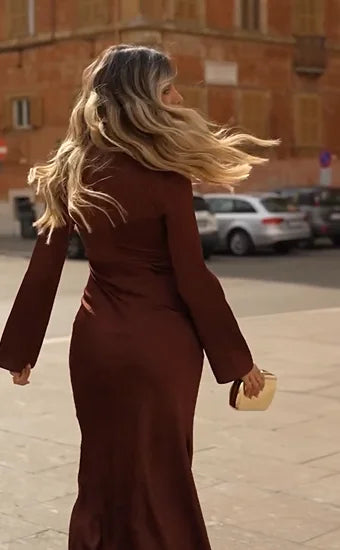 Temperament Long Sleeve V-neck Solid Color Dress