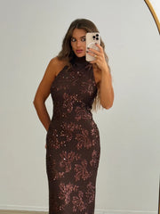 Sexy Sleeveless Halter Sequin Flower Dress