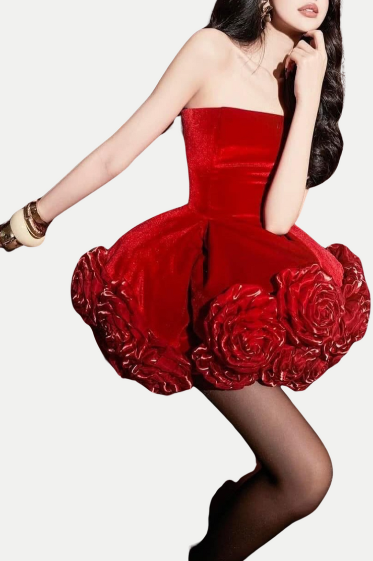 Sebast Flower Strapless Mini Dress - Red