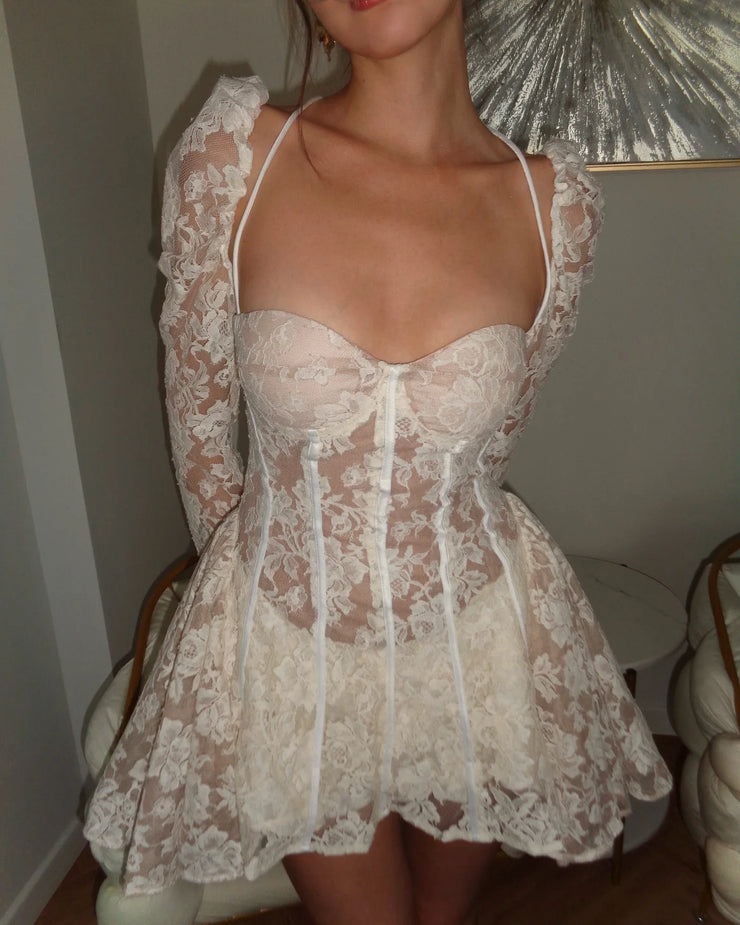 Sexy Long Sleeve Low-Cut Lace Mini Skirt