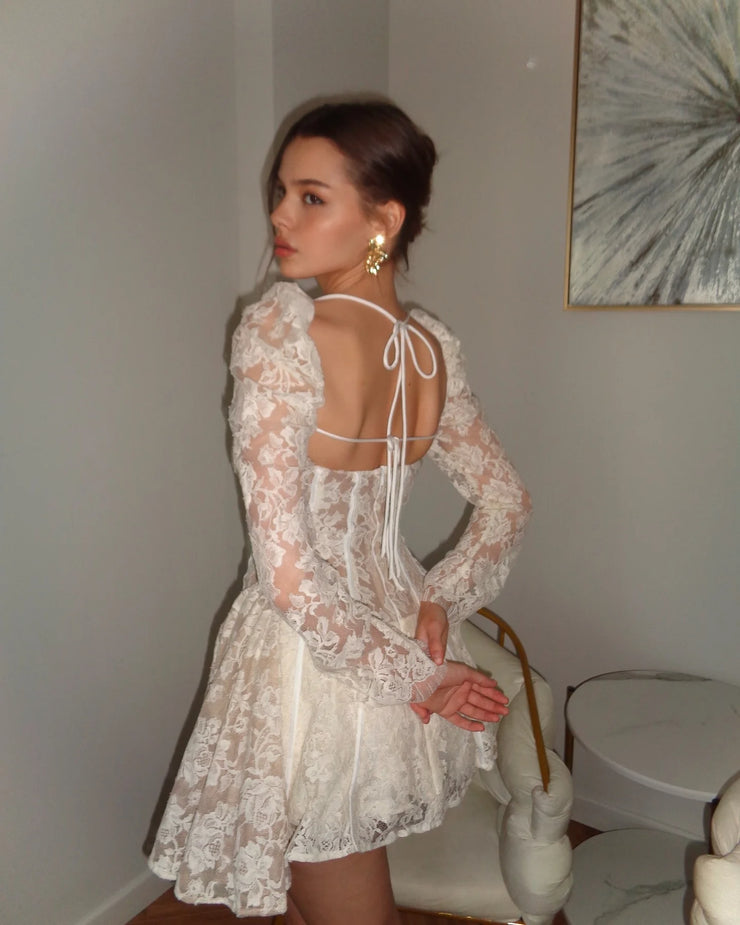 Sexy Long Sleeve Low-Cut Lace Mini Skirt