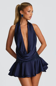 Sexy Sleeveless Halter Super Deep V Rhinestone Mini Skirt