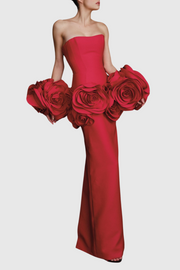 Sherise Floral Appliqué Strapless Maxi Bandage Dress - Red