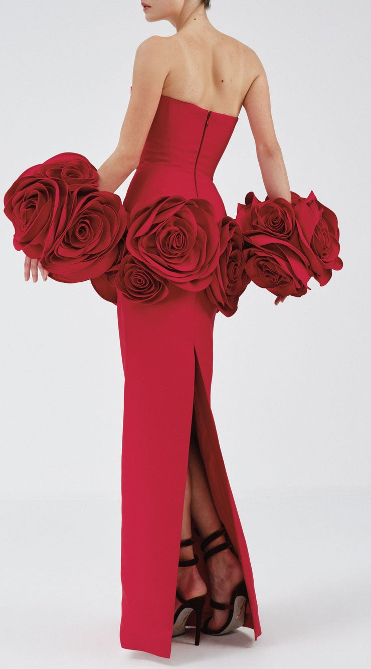 Sherise Floral Appliqué Strapless Maxi Bandage Dress - Red