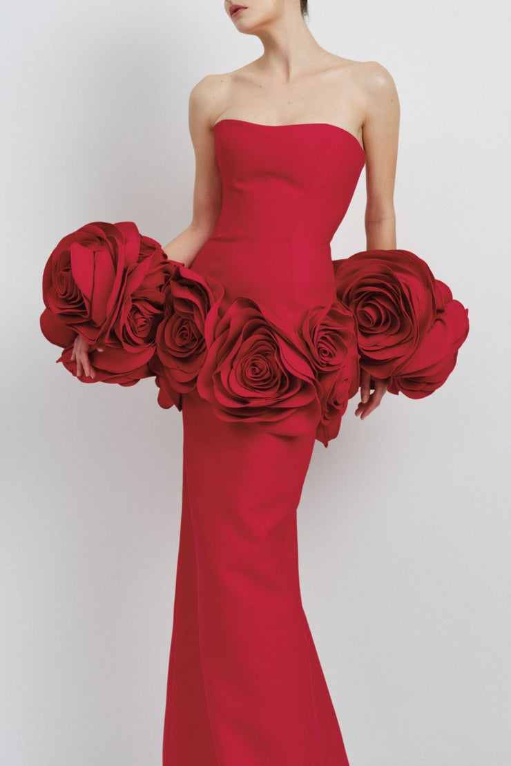 Sherise Floral Appliqué Strapless Maxi Bandage Dress - Red