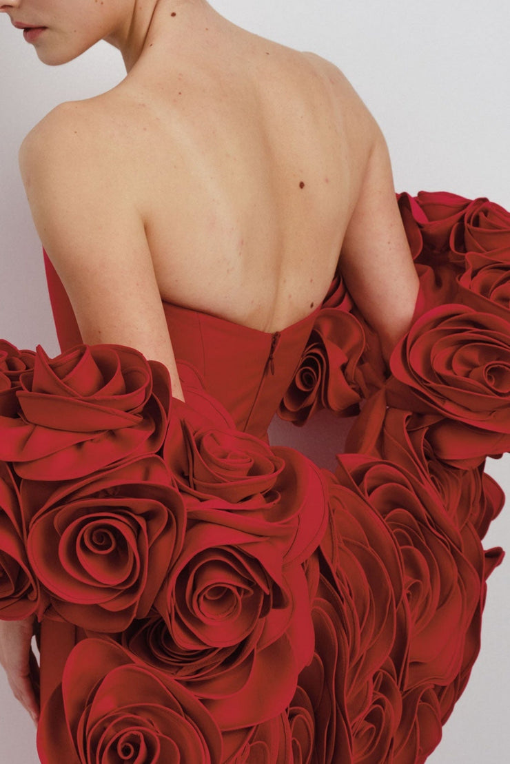 Sherise Floral Appliqué Strapless Maxi Bandage Dress - Red