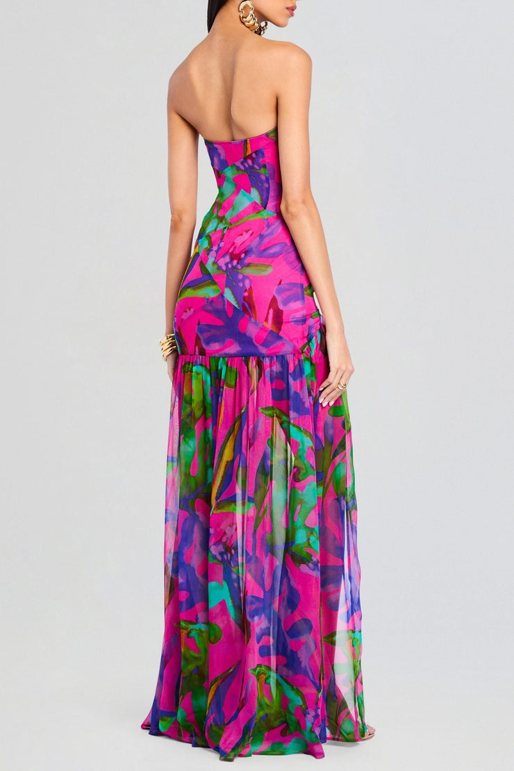 Shmaka Floral Print Strapless Slit Maxi Dress - Purple
