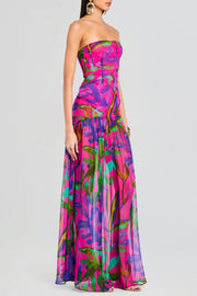 Shmaka Floral Print Strapless Slit Maxi Dress - Purple