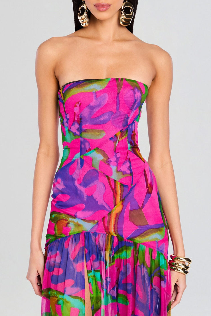 Shmaka Floral Print Strapless Slit Maxi Dress - Purple