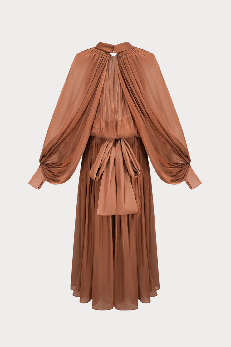 Solvia Balloon Sleeve Ruched Maxi Dress - Brown