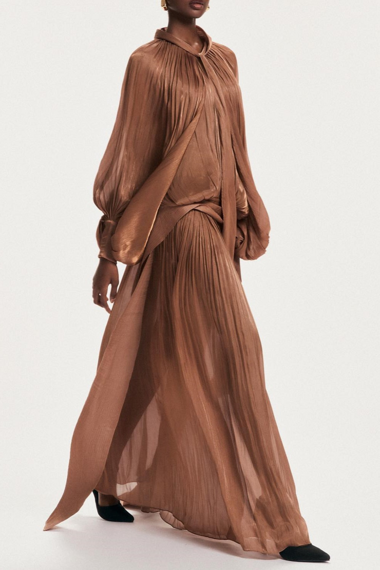 Solvia Balloon Sleeve Ruched Maxi Dress - Brown